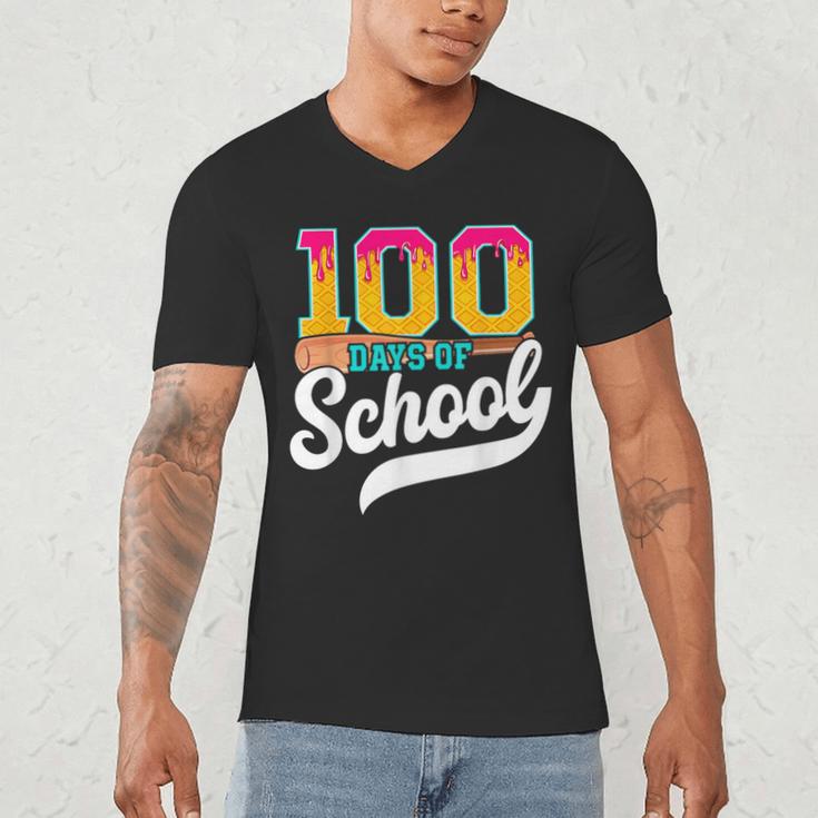 Ice Cream Drip 100 Days Of School Baseball Boys 100th Day Men's V-Neck T-Shirt Ice Cream Drip 100 Days Of School Baseball Boys 100th Day Men's V-Neck T-Shirt