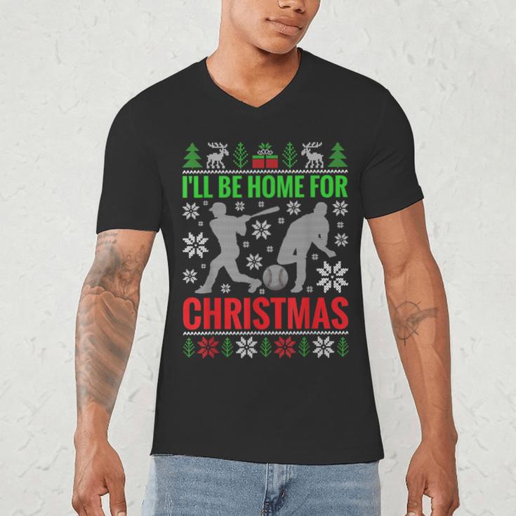 I'Ll Be Home For Christmas Baseball Xmas Men's V-Neck T-Shirt