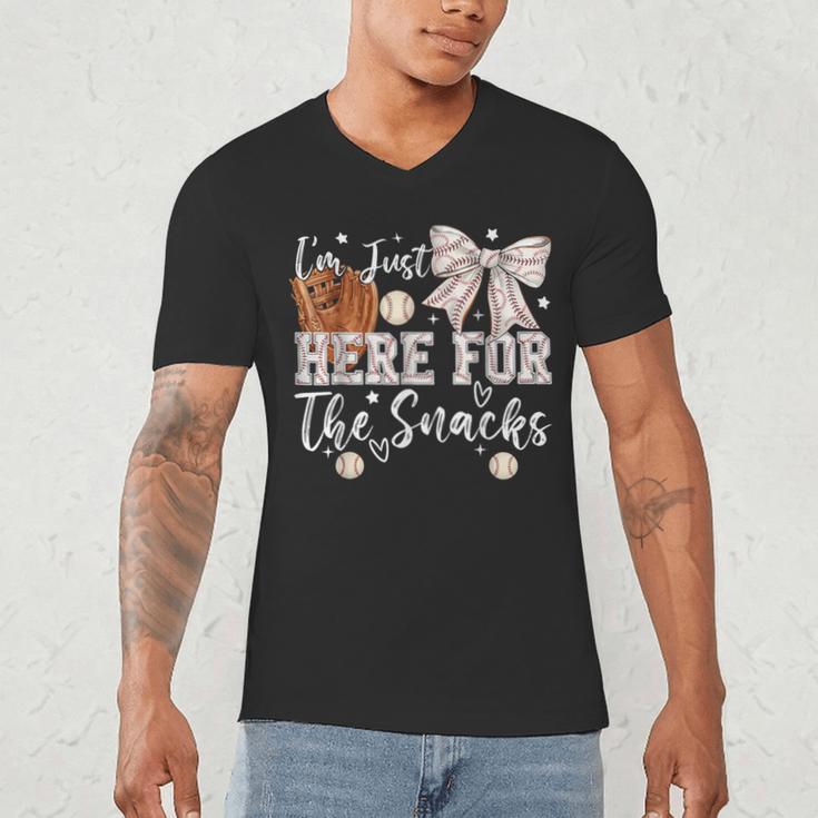 I'm Just Here For The Snacks Baseball Coquette Game Day Girl Men's V-Neck T-Shirt I'm Just Here For The Snacks Baseball Coquette Game Day Girl Men's V-Neck T-Shirt