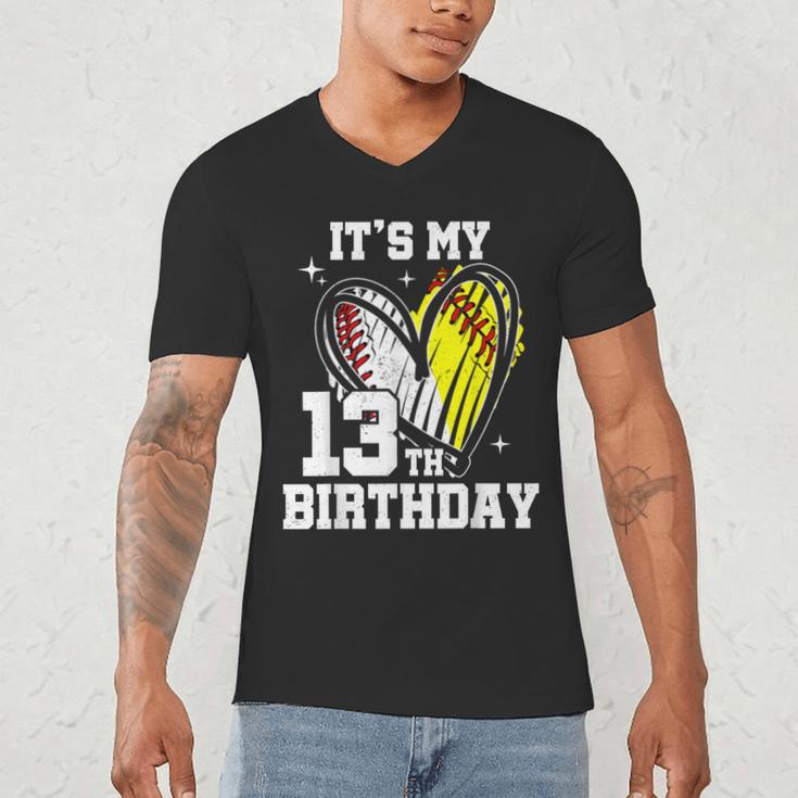 It's My 13th Birthday Baseball Softball Heart 13 Year Old Men's V-Neck T-Shirt