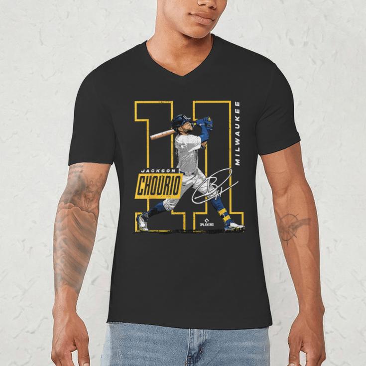 Jackson Chourio Milwaukee MLB Baseball Player MLBJCH202M Men's V-Neck T-Shirt Jackson Chourio Milwaukee MLB Baseball Player MLBJCH202M Men's V-Neck T-Shirt
