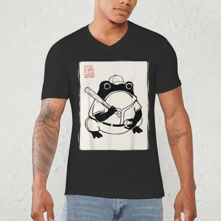 Japanese Grumpy Frog Baseball Player Baseball Men's V-Neck T-Shirt Japanese Grumpy Frog Baseball Player Baseball Men's V-Neck T-Shirt