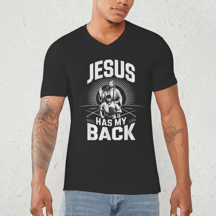 Jesus Has My Back Baseball Faith Motivation Tee Christian Men's V-Neck T-Shirt