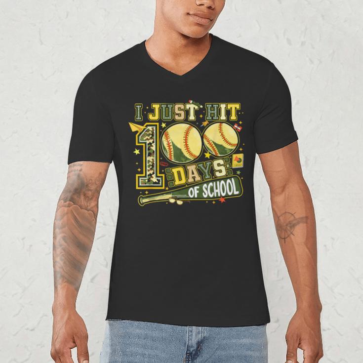 I Just Hit 100 Days Of School Baseball Teacher Boy Girl Kid Men's V-Neck T-Shirt
