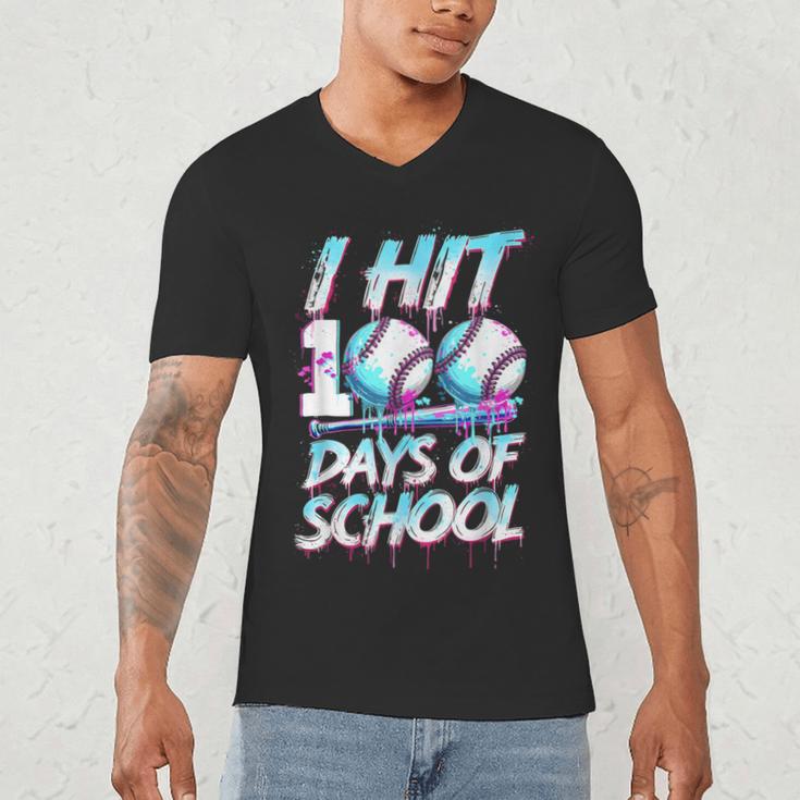 Kids 100 Days Of School 100th Day Baseball Ice Cream Drip Men's V-Neck T-Shirt Kids 100 Days Of School 100th Day Baseball Ice Cream Drip Men's V-Neck T-Shirt