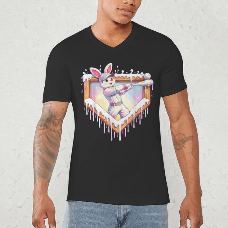 Kids Happy Easter Bunny Playing Baseball Boy Ice Cream Drip Men's V-Neck T-Shirt