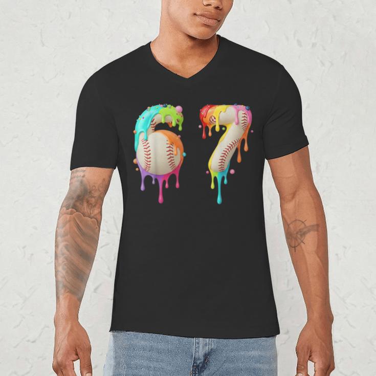 Kids Meme 67 Number Six 6 Seven 7 Ice Cream Drips Baseball Men's V-Neck T-Shirt Kids Meme 67 Number Six 6 Seven 7 Ice Cream Drips Baseball Men's V-Neck T-Shirt