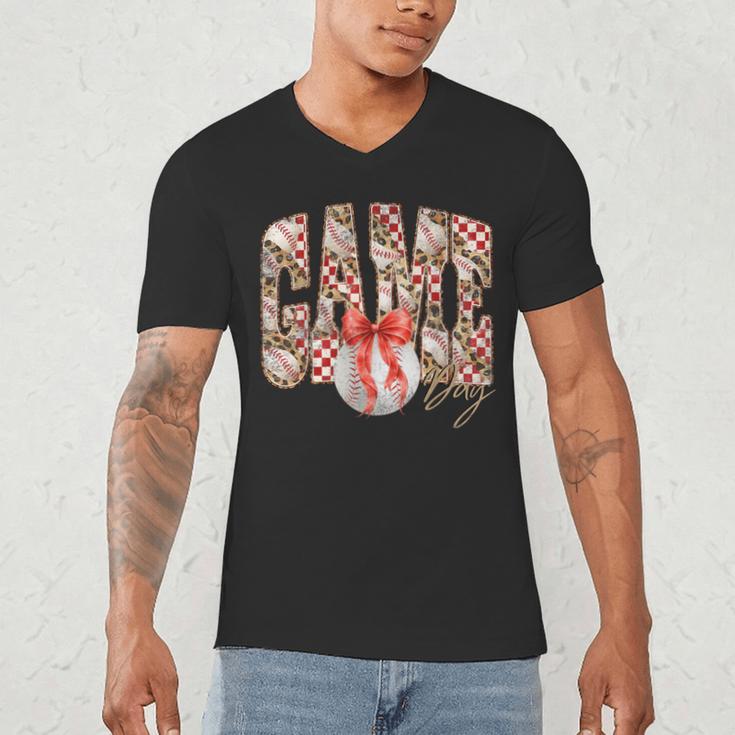 Leopard Checkered Game Day Baseball Coquette Bow Women Girls Men's V-Neck T-Shirt Leopard Checkered Game Day Baseball Coquette Bow Women Girls Men's V-Neck T-Shirt