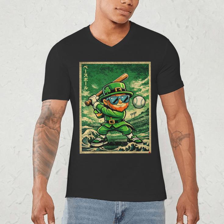 Leprechaun Playing Baseball Japanese Art St Patricks Day Men's V-Neck T-Shirt Leprechaun Playing Baseball Japanese Art St Patricks Day Men's V-Neck T-Shirt