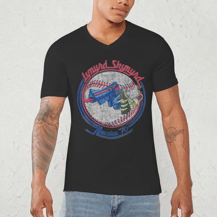 Lynyrd Skynyrd Skeleton Baseball Gun US Flag Cowboy Rock Fan Men's V-Neck T-Shirt