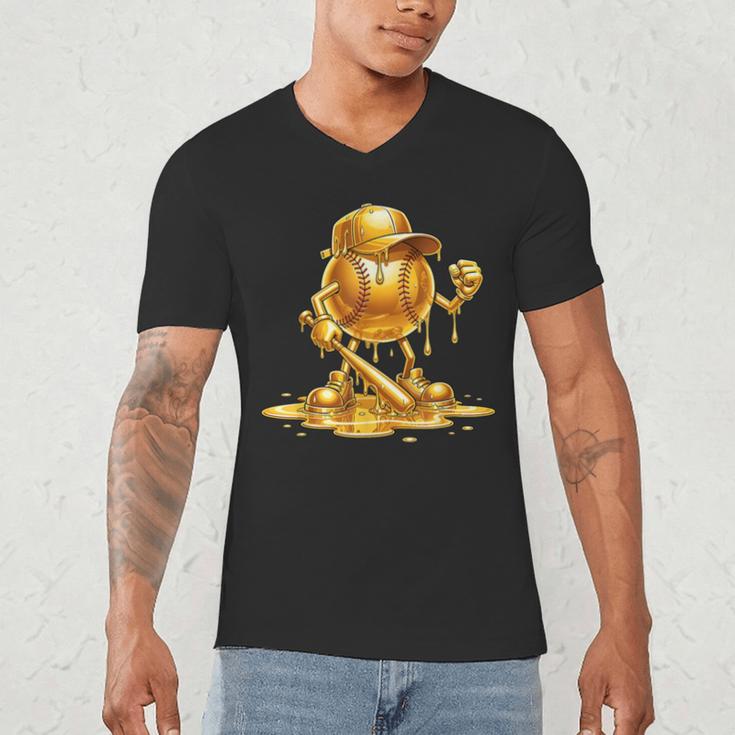 Melting Baseball Mascot Slugger Bat Cap Cartoon Men's V-Neck T-Shirt Melting Baseball Mascot Slugger Bat Cap Cartoon Men's V-Neck T-Shirt