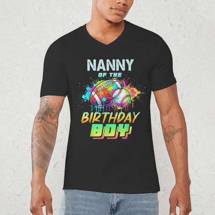 Nanny Of The Birthday Boy Baseball Football Colorful Men's V-Neck T-Shirt
