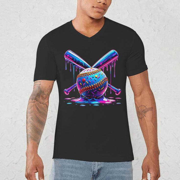 Neon Dripping Baseball And Bats Colorful Sports Art Men's V-Neck T-Shirt Neon Dripping Baseball And Bats Colorful Sports Art Men's V-Neck T-Shirt