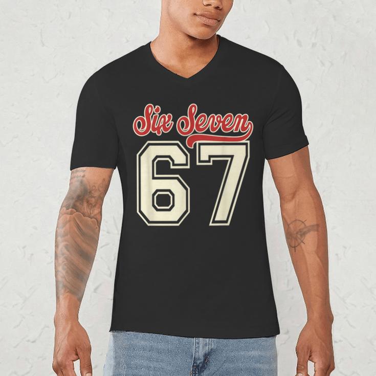 Number 67 Meme Six Seven Baseball Style Kids Boy Teen Men's V-Neck T-Shirt Number 67 Meme Six Seven Baseball Style Kids Boy Teen Men's V-Neck T-Shirt
