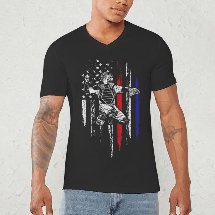 Patriotic Baseball Catcher American Flag Sports Tee Men's V-Neck T-Shirt