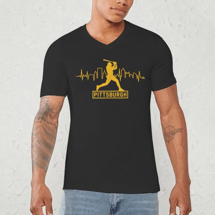 Pittsburgh Lovers Skyline Retro Baseball Heartbeat Men Women Men's V-Neck T-Shirt