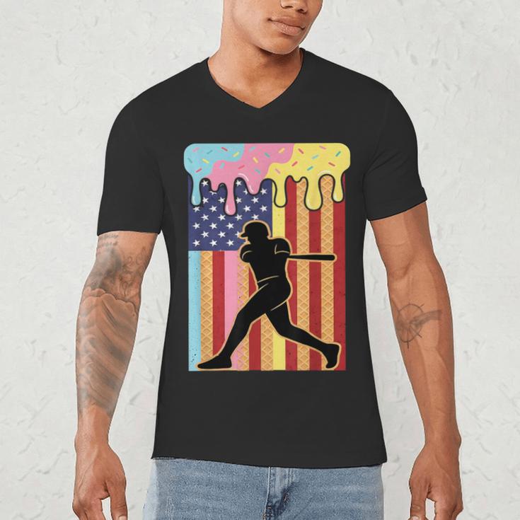 Retro Baseball Drip Boys Ice Cream Patriotic American Flag Men's V-Neck T-Shirt Retro Baseball Drip Boys Ice Cream Patriotic American Flag Men's V-Neck T-Shirt