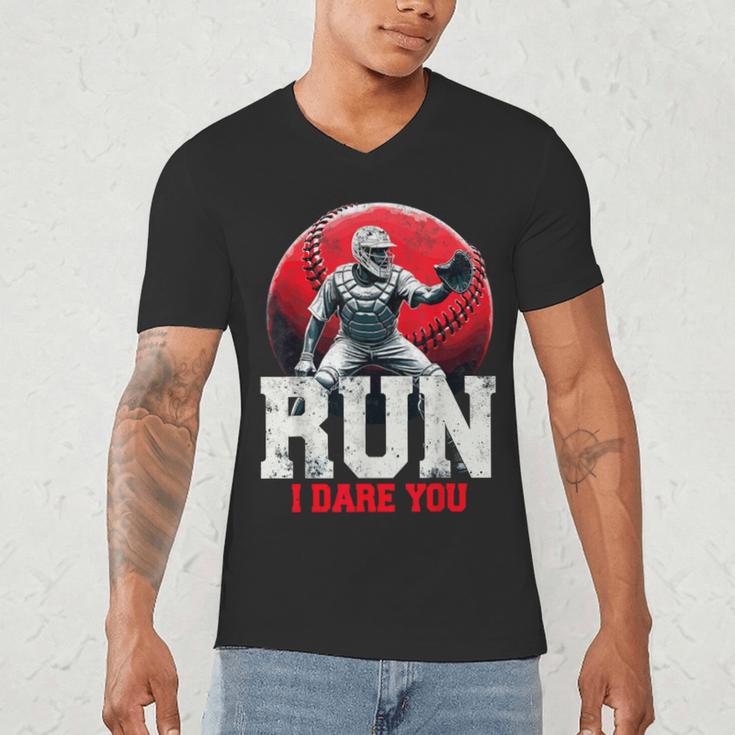 Run I Dare You Baseball Ball Player Catcher Coach Tee Men's V-Neck T-Shirt Run I Dare You Baseball Ball Player Catcher Coach Tee Men's V-Neck T-Shirt