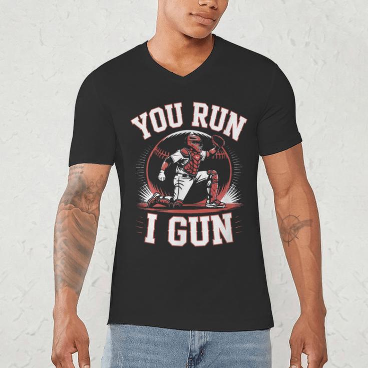 You Run I Gun Baseball Catcher Softball Player Men's V-Neck T-Shirt