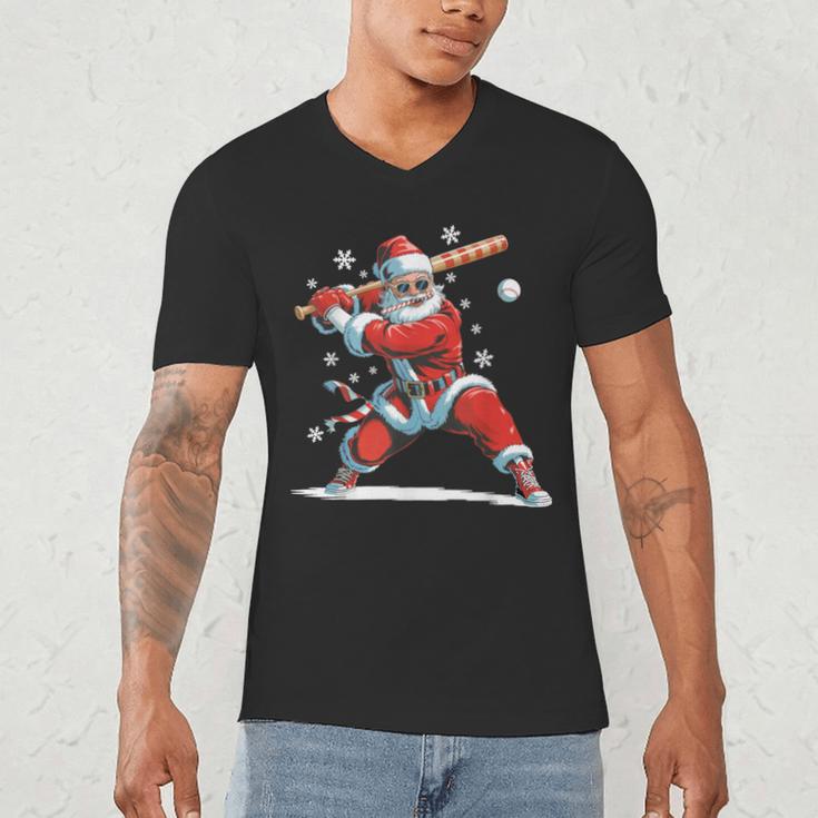 Santa Playing Baseball Christmas Candy Cane Fun Xmas Holiday Men's V-Neck T-Shirt