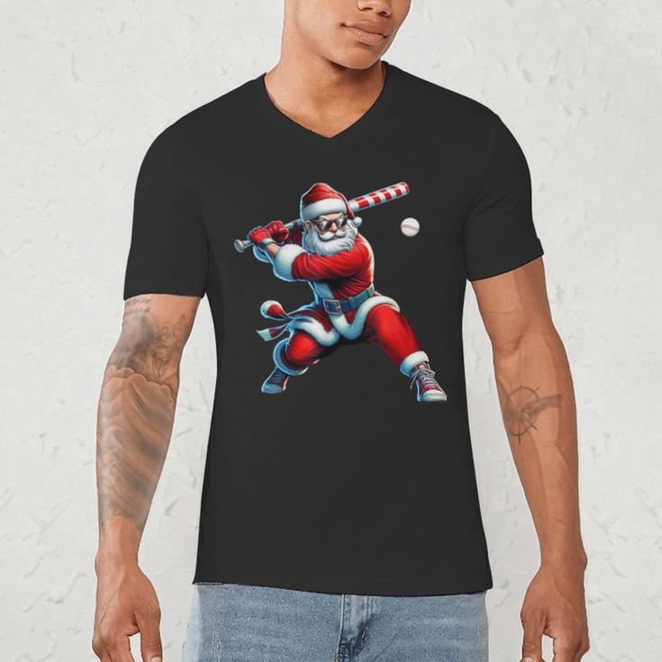 Santa Playing Baseball Men Boys Christmas Baseball Player Men's V-Neck T-Shirt Santa Playing Baseball Men Boys Christmas Baseball Player Men's V-Neck T-Shirt