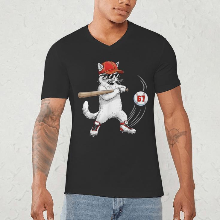Six Seven 67 Baseball Cat Birthday Men Kids Boys Men's V-Neck T-Shirt