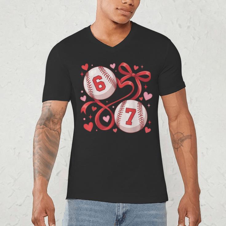 Six Seven Baseball Lover Sports Red Heart Bow Valentine Girl Men's V-Neck T-Shirt