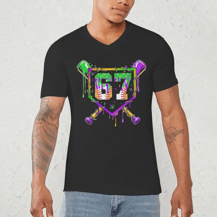 Six Seven Mardi Gras Baseball Sports Party Men's V-Neck T-Shirt Six Seven Mardi Gras Baseball Sports Party Men's V-Neck T-Shirt