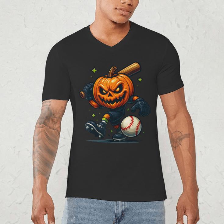 Spooky Halloween Scary Pumpkin Baseball Player Witchy Vibes Men's V-Neck T-Shirt Spooky Halloween Scary Pumpkin Baseball Player Witchy Vibes Men's V-Neck T-Shirt