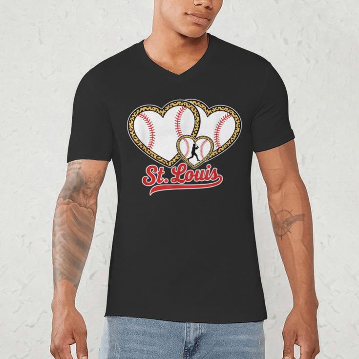 St Louis Leopard Heart Baseball Batter Boys Fan Men's V-Neck T-Shirt
