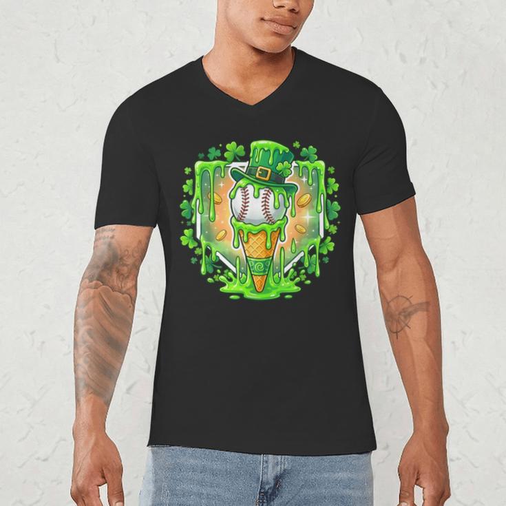 St Patrick Day Baseball Drip Ice Cream Baseball Home Plate Men's V-Neck T-Shirt St Patrick Day Baseball Drip Ice Cream Baseball Home Plate Men's V-Neck T-Shirt