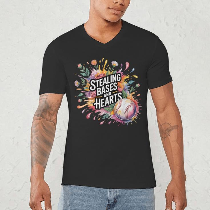 Stealing Bases And Hearts Baseball Puns Sports Men's V-Neck T-Shirt Stealing Bases And Hearts Baseball Puns Sports Men's V-Neck T-Shirt