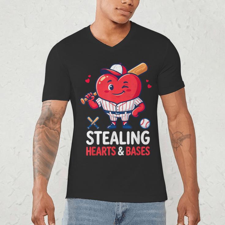 Stealing Hearts And Bases Baseball Player Valentine's Day Men's V-Neck T-Shirt