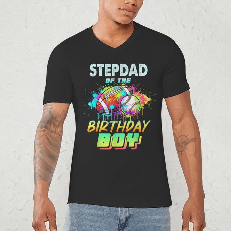 Stepdad Of The Birthday Boy Baseball Football Colorful Men's V-Neck T-Shirt