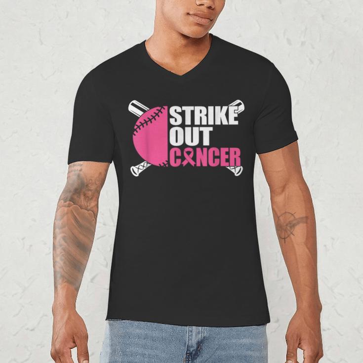 Strike Out Cancer Breast Cancer Awareness Baseball Warrior Men's V-Neck T-Shirt Strike Out Cancer Breast Cancer Awareness Baseball Warrior Men's V-Neck T-Shirt