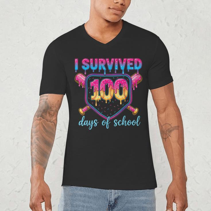 I Survived 100 Days Of School Baseball 100th Day Kids Girls Men's V-Neck T-Shirt