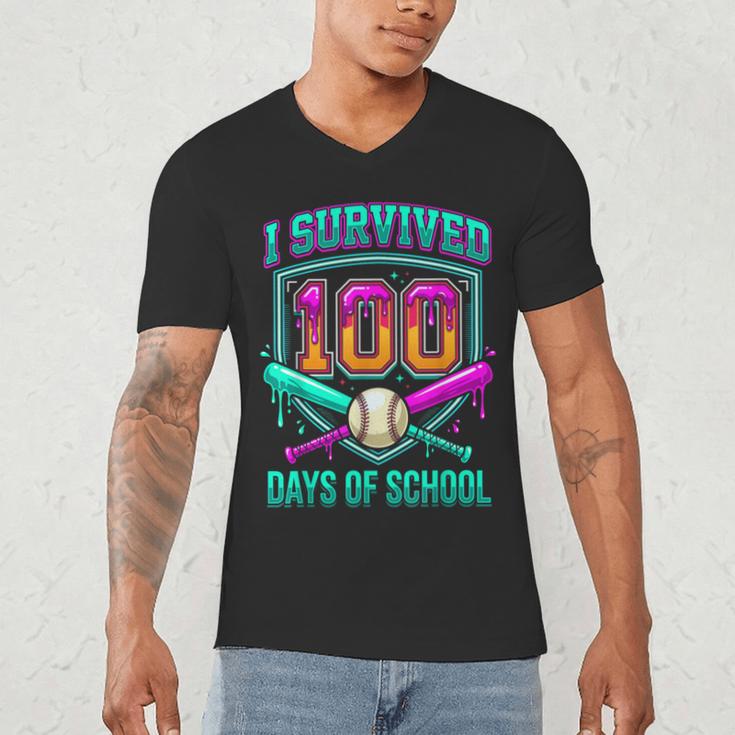 I Survived 100 Days Of School Baseball Drip Men's V-Neck T-Shirt I Survived 100 Days Of School Baseball Drip Men's V-Neck T-Shirt