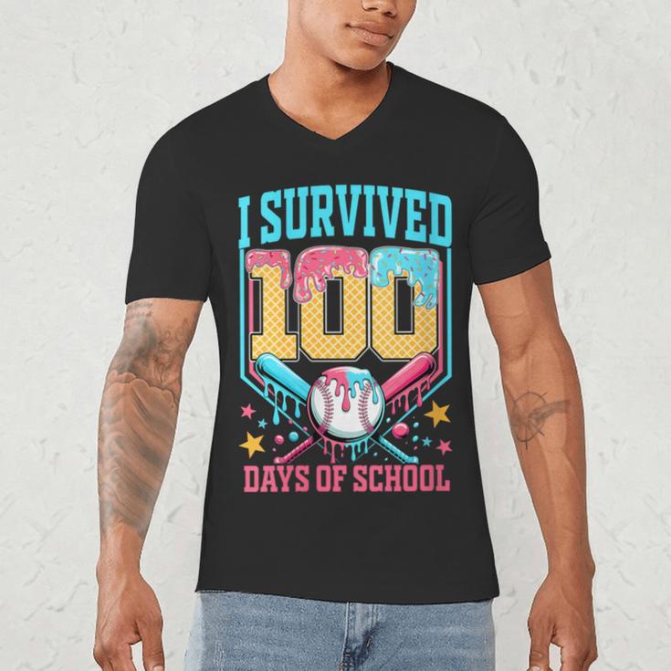 I Survived 100 Days Of School Baseball Drip Students Teacher Men's V-Neck T-Shirt
