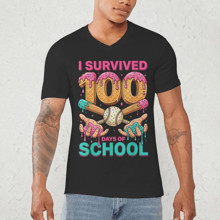 I Survived 100 Days Of School Baseball Ice Cream Drip Men's V-Neck T-Shirt I Survived 100 Days Of School Baseball Ice Cream Drip Men's V-Neck T-Shirt