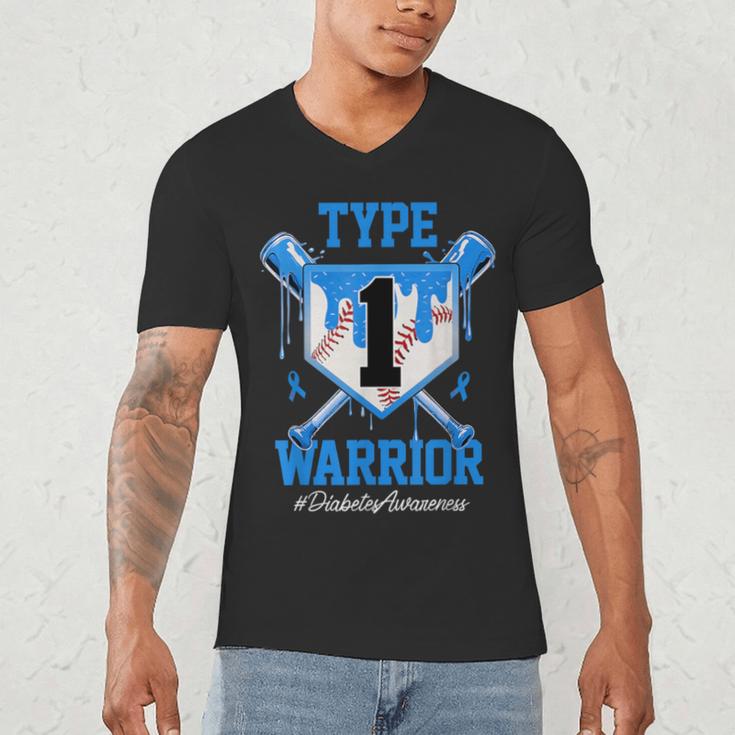 T1D Warrior Baseball Drip Diabetes Awareness Blue Ribbon Men's V-Neck T-Shirt
