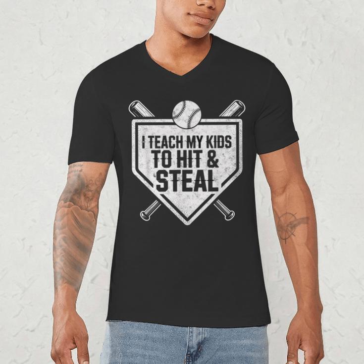 I Teach My Kids To Hit & Steal Baseball Player Coach Dad Tee Men's V-Neck T-Shirt I Teach My Kids To Hit & Steal Baseball Player Coach Dad Tee Men's V-Neck T-Shirt
