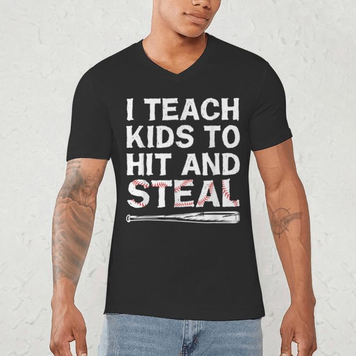 I Teach Kids To Hit And Steal Baseball Coach Sport Lover Men Men's V-Neck T-Shirt I Teach Kids To Hit And Steal Baseball Coach Sport Lover Men Men's V-Neck T-Shirt