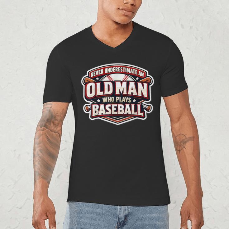 Never Underestimate An Old Man Who Plays Baseball Men's V-Neck T-Shirt
