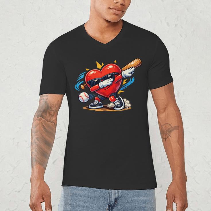 Valentines Day Baseball Dabbing Red Heart Love Boys Men's V-Neck T-Shirt