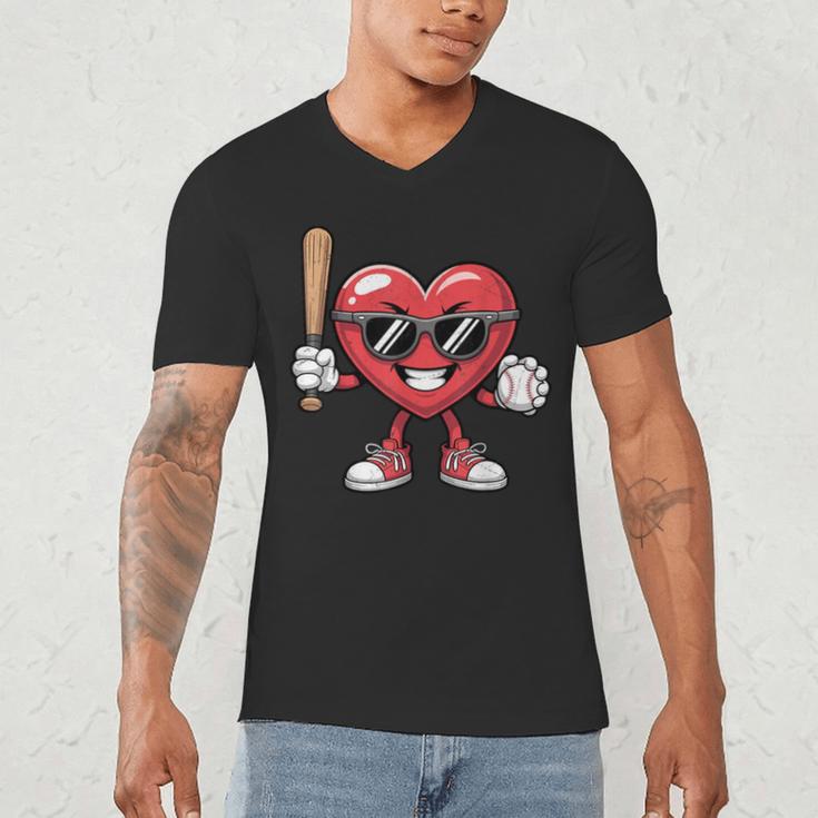 Valentines Day Heart Playing Baseball Boys Men Kids Girls Men's V-Neck T-Shirt
