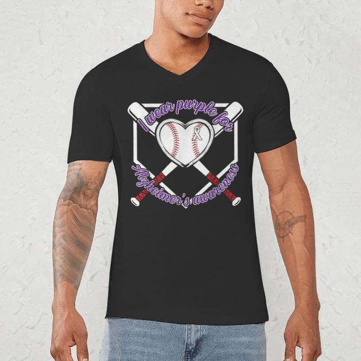 I Wear Purple For Alzheimers Awareness Baseball Heart Ribbon Men's V-Neck T-Shirt