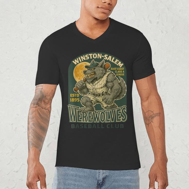 Winston-Salem Werewolves Minor League Baseball Club Men's V-Neck T-Shirt Winston-Salem Werewolves Minor League Baseball Club Men's V-Neck T-Shirt