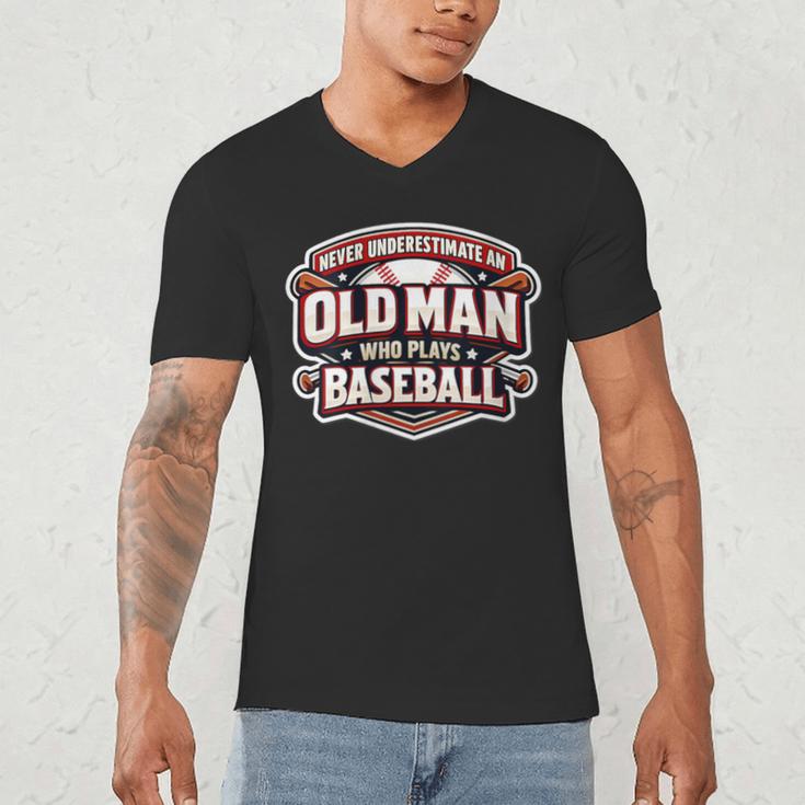 Women's Never Underestimate An Old Man Who Plays Baseball Men's V-Neck T-Shirt
