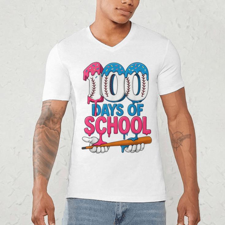100 Days Of School Baseball Drip Bat 100th Day Of School Boy Men's V-Neck T-Shirt 100 Days Of School Baseball Drip Bat 100th Day Of School Boy Men's V-Neck T-Shirt
