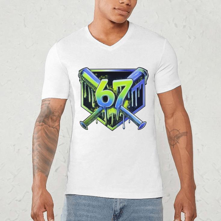 Awesome 67 Baseball Drip Effect Baseball 6-7 Meme Graphic Premium Tri-Blend Men's V-Neck T-Shirt